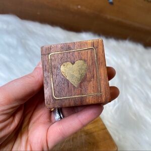 Vintage Wooden Trinket Box with Inlaid Brass Heart and Border Removable Lid